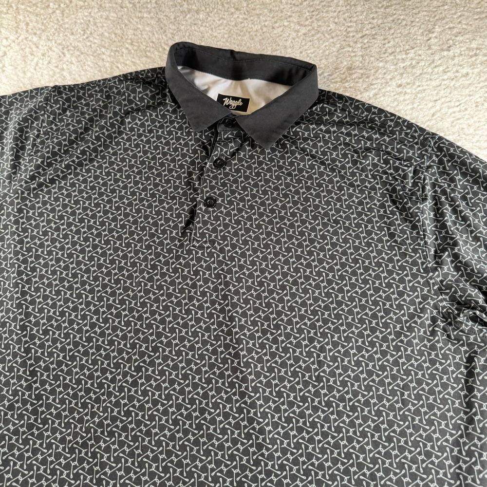 Waggle Golf Polo Shirt Short Sleeve Black Fishing Hook Print Stretch Men 2XL XXL